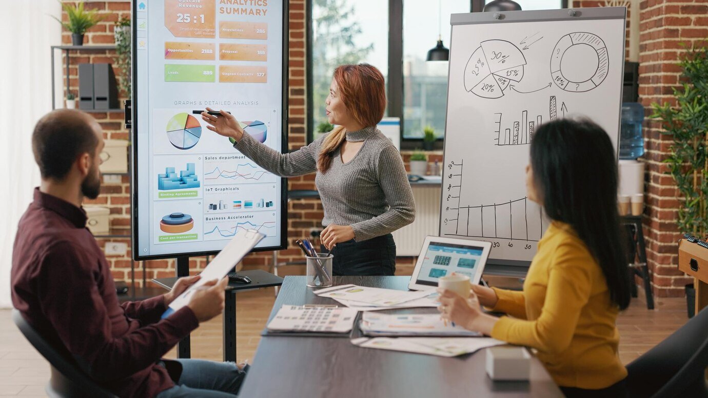 A team collaborating on e-commerce strategy development.